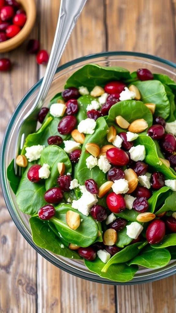 A fresh spinach and cranberry salad with almonds and feta on a rustic table.